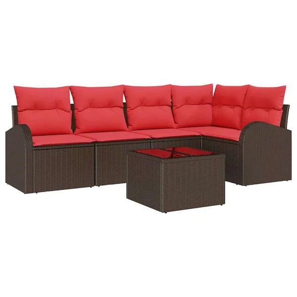 vidaXL Gartensofa-set 6 stk. Braun und Rot Poly-Rattan