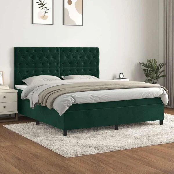 vidaXL Boxspringbett mit Matratze Dunkelgrün 160x200 cm Samt
