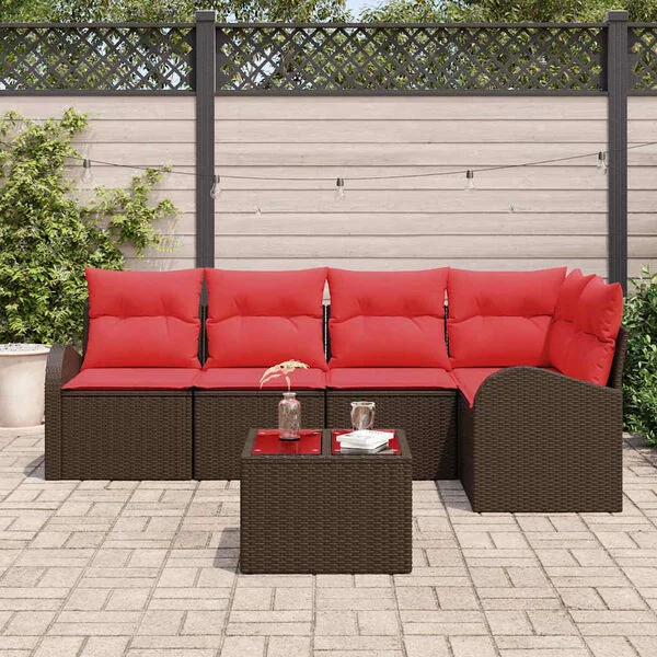 vidaXL Gartensofa-set 6 stk. Braun und Rot Poly-Rattan