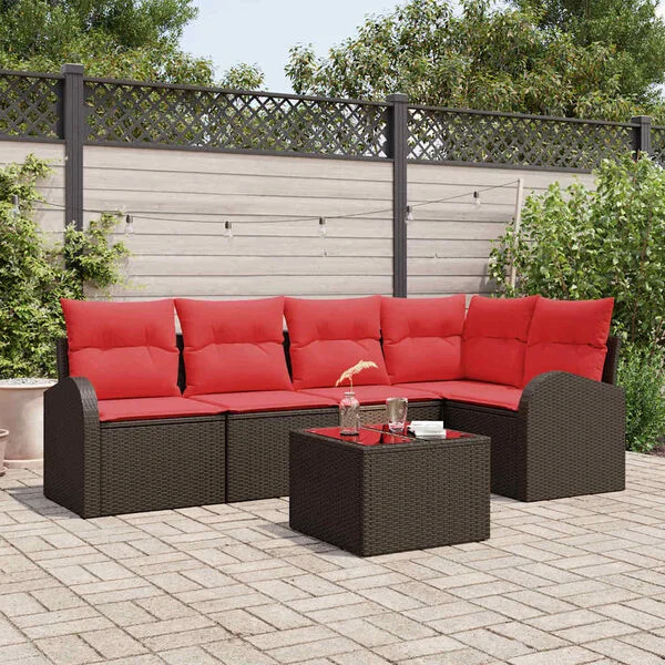 vidaXL Gartensofa-set 6 stk. Braun und Rot Poly-Rattan