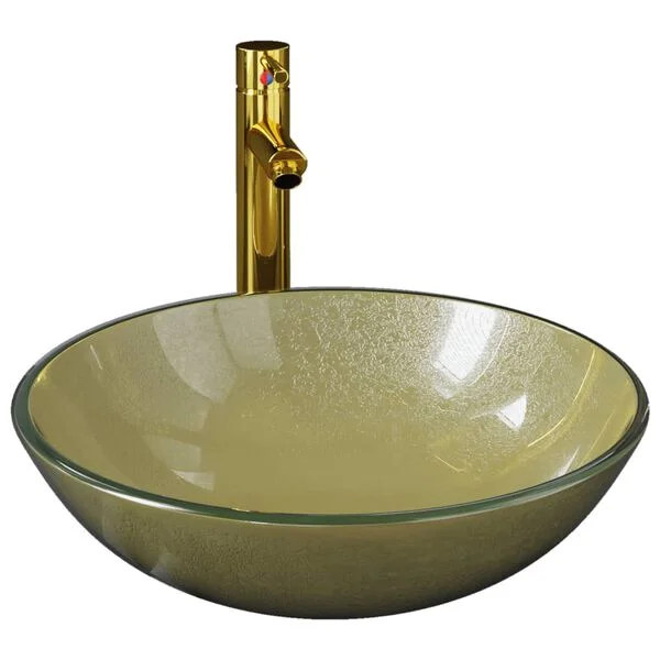 vidaXL Badezimmer Waschbecken mit Wasserhahn und Ablaufgarnitur Gold