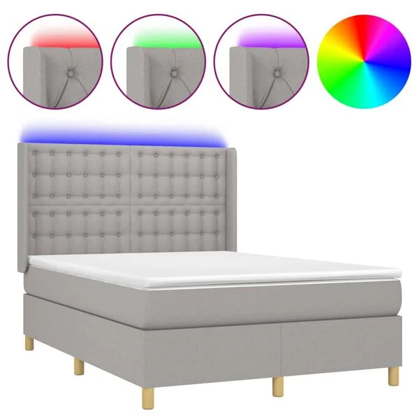 vidaXL Boxspringbett mit Matratze & LED Hellgrau 140x200 cm Stoff