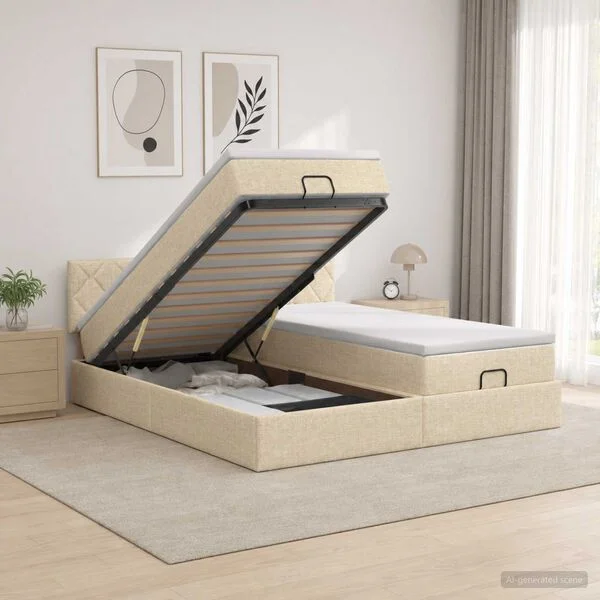 vidaXL Ottoman-Bett mit Matratze und LED Creme 200 x 200 cm Stoff